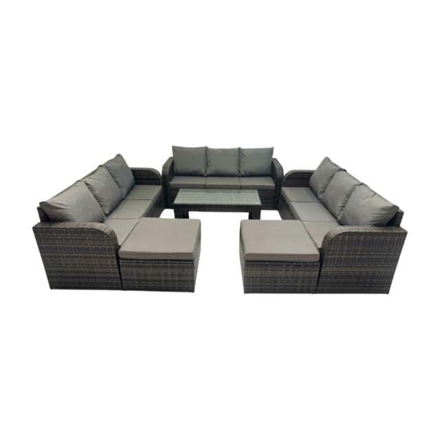 Rackhams Rattan Garden Outdoor Furniture Set 3 Seater Sofa Coffee Table with 2 Big Footstools Dark Grey Mixed - image 1