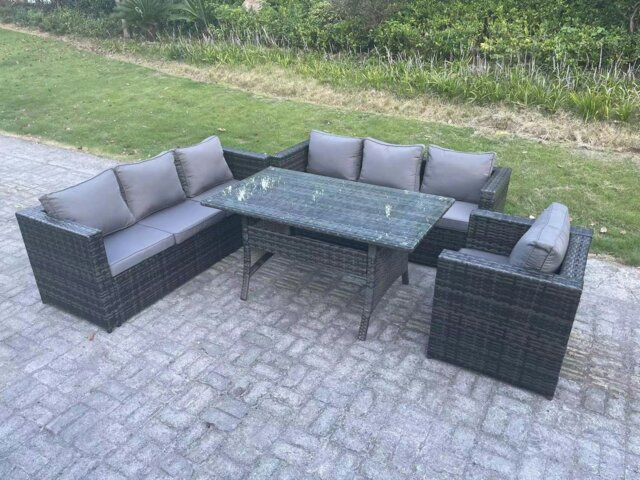 Rackhams Outdoor Lounge Sofa Garden Furniture Set Rattan Rectangular Dining Table Patio Chair 7 Seater Dark Grey Mixed - image 1