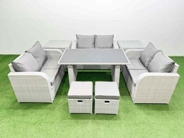 Rackhams 8 Seater Patio Garden Furniture Sets with Black Glass Top Dining Table Love Sofa 2 Side Tables 2 Small Stool Light Grey - image 1