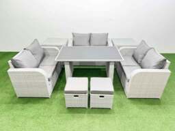 Rackhams 8 Seater Patio Garden Furniture Sets with Black Glass Top Dining Table Love Sofa 2 Side Tables 2 Small Stool Light Grey - thumbnail 1