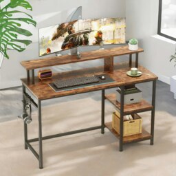 Rackhams Industrial 107CM Computer Desk With Monitor Stand And Shelves Rustic Brown - thumbnail 4