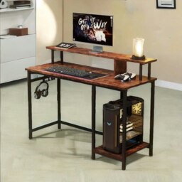 Rackhams Industrial 107CM Computer Desk With Monitor Stand And Shelves Rustic Brown
