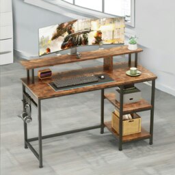 Rackhams Industrial 107CM Computer Desk With Monitor Stand And Shelves Rustic Brown - thumbnail 3