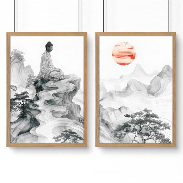 Rackhams Modern Artwork For Living Room - Set of 2 Asian Inspired Wall art Prints - A4 8.27 x 11.69 in / 21 x 29.7 cm - Satin Photo paper 280 gsm - Oak Frame - image 1