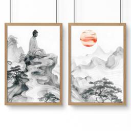 Rackhams Modern Artwork For Living Room - Set of 2 Asian Inspired Wall art Prints - A4 8.27 x 11.69 in / 21 x 29.7 cm - Satin Photo paper 280 gsm - Oak Frame - thumbnail 1