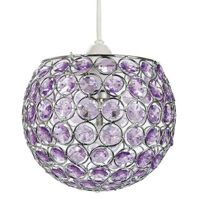 Rackhams Modern Round Globe Easy Fit Pendant Shade with Small Purple Acrylic Bead Jewels - image 1