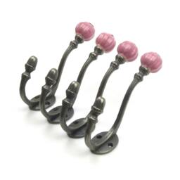 Rackhams Ceramic Tipped Shabby Chic Cast Iron Coat Hook 150mm - Pack of 4 Hooks - Pink - thumbnail 1