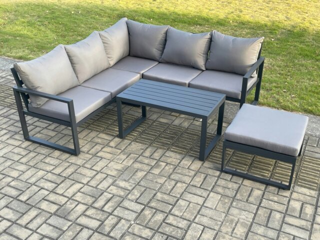 Rackhams Aluminium Outdoor Garden Furniture Set Lounge Sofa Oblong Coffee Table Sets with Big Footstool Indoor Conservatory Set Dark Grey