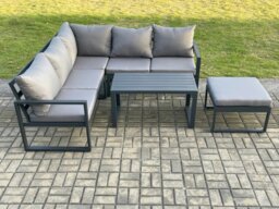 Rackhams Aluminium Outdoor Garden Furniture Set Lounge Sofa Oblong Coffee Table Sets with Big Footstool Indoor Conservatory Set Dark Grey - thumbnail 2