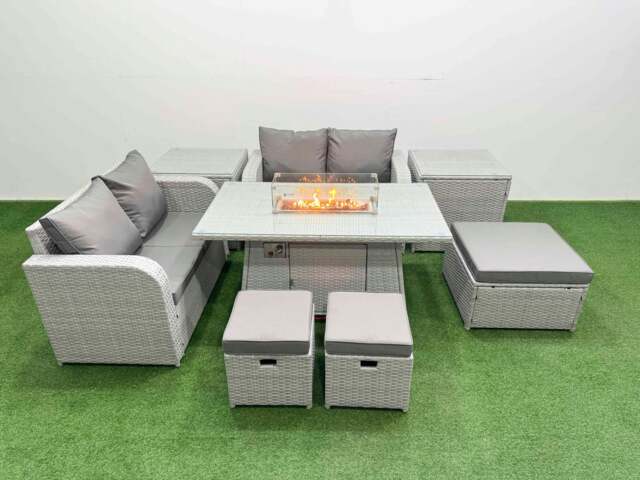 Rackhams 7 Seater Outdoor Love Sofa Set Rattan Garden Furniture Set with Fire Pit Dining Table 3 Footstool 2 Side Tables Light Grey - image 1