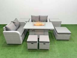 Rackhams 7 Seater Outdoor Love Sofa Set Rattan Garden Furniture Set with Fire Pit Dining Table 3 Footstool 2 Side Tables Light Grey - thumbnail 1