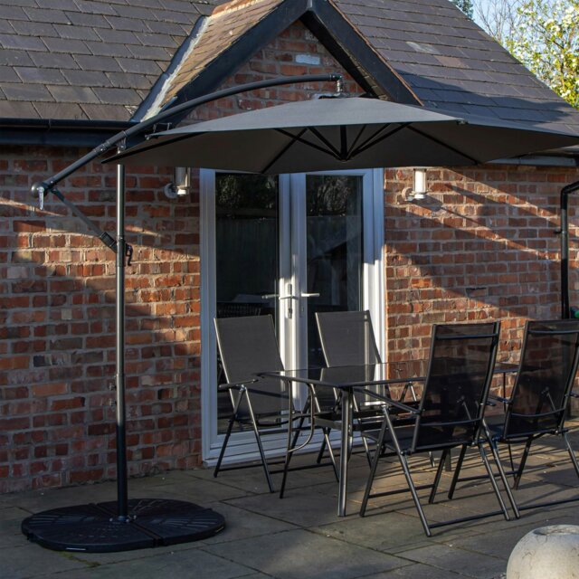Rackhams Outdoor 4 Person Rectangular Glass Top Garden Dining Table Chairs With Grey Banana Parasol and Base - Outdoor Furniture Sets - image 1