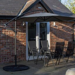 Rackhams Outdoor 4 Person Rectangular Glass Top Garden Dining Table Chairs With Grey Banana Parasol and Base - Outdoor Furniture Sets - thumbnail 1