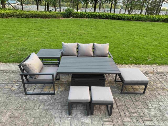 Rackhams 7 Seater Aluminium Outdoor Dining Set with Adjustable Rising Dining Table Chairs, 3 Footstools, Side Table - Dark Grey - image 1