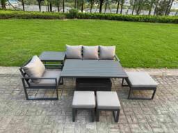 Rackhams 7 Seater Aluminium Outdoor Dining Set with Adjustable Rising Dining Table Chairs, 3 Footstools, Side Table - Dark Grey - thumbnail 1