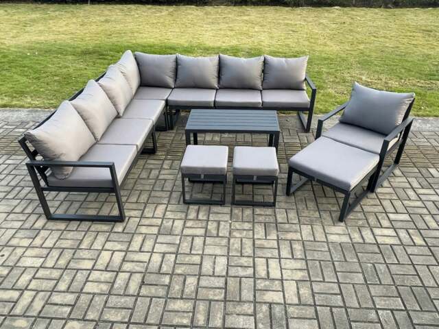 Rackhams Aluminium Outdoor Garden Furniture Set Lounge Corner Sofa Oblong Coffee Table Chair Sets with 3 Footstools Dark Grey