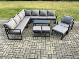 Rackhams Aluminium Outdoor Garden Furniture Set Lounge Corner Sofa Oblong Coffee Table Chair Sets with 3 Footstools Dark Grey - thumbnail 1