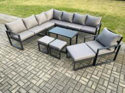 Rackhams Aluminium Outdoor Garden Furniture Set Lounge Corner Sofa Oblong Coffee Table Chair Sets with 3 Footstools Dark Grey - thumbnail 2