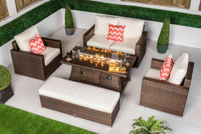 Rackhams Sydney Loveseat Sofa Rattan Garden Furniture Outdoor Lounge Set with Arm Chairs, Fire Pit Coffee Table & Bench - Brown - 1 - image 1