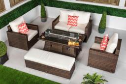 Rackhams Sydney Loveseat Sofa Rattan Garden Furniture Outdoor Lounge Set with Arm Chairs, Fire Pit Coffee Table & Bench - Brown - 1 - thumbnail 3