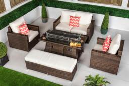 Rackhams Sydney Loveseat Sofa Rattan Garden Furniture Outdoor Lounge Set with Arm Chairs, Fire Pit Coffee Table & Bench - Brown - 1 - thumbnail 2