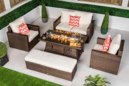 Rackhams Sydney Loveseat Sofa Rattan Garden Furniture Outdoor Lounge Set with Arm Chairs, Fire Pit Coffee Table & Bench - Brown - 1 - thumbnail 1