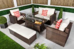 Rackhams Sydney Loveseat Sofa Rattan Garden Furniture Outdoor Lounge Set with Arm Chairs, Fire Pit Coffee Table & Bench - Brown - 1 - thumbnail 6