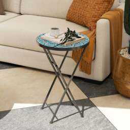 Rackhams Mosaic Garden Table, 35.5cm Folding Coffee Table, Blue - 1 - 35.5 - Orange - thumbnail 3