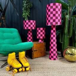Rackhams Portable Checkerboard Velvet lamps in Raspberry Ripple - Midi - 52cm Height - Rechargeable LED Bulb