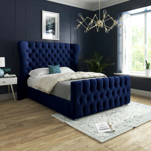 Rackhams Nuno Straight Winged Upholstered Soft Velvet Bed Frame - Grey - Blue - Small double - image 1