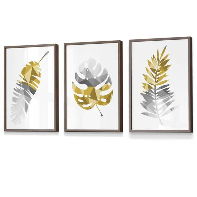 Rackhams Set of 3 Geometric Yellow Grey Tropical Leaves Wall Art Framed / Prints - 50x70cm - Light Walnut - image 1