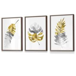 Rackhams Set of 3 Geometric Yellow Grey Tropical Leaves Wall Art Framed / Prints - 50x70cm - Light Walnut