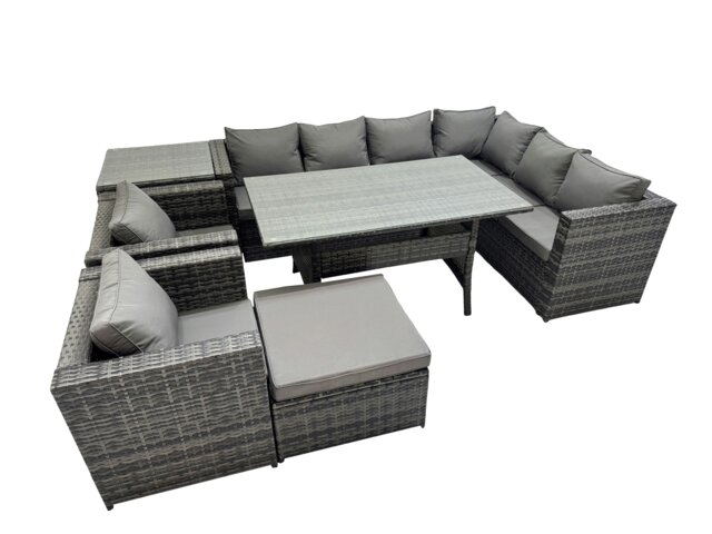 Rackhams Rattan Garden Furniture Set Outdoor 9 Seater Patio Dining Corner Sofa Sets with Dining Table 2 Chairs Big Stool Side Table Dark Grey Mixed - image 1