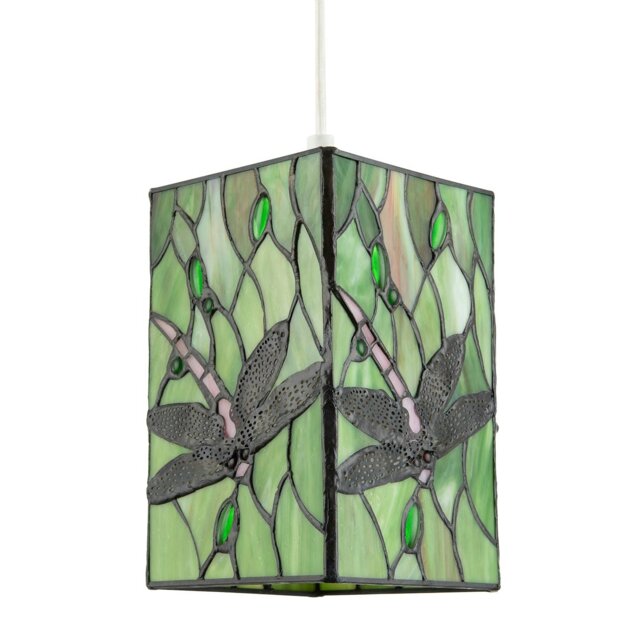 Rackhams Green Stained Glass Dragonfly Rectangular Tiffany Pendant Light Shade - image 1