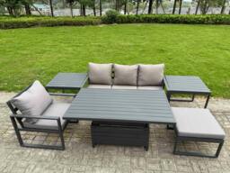 Rackhams 5 Seater Aluminium Garden Furniture Set with Adjustable Rising Dining Table, 2 Side Tables, Footstool - Dark Grey - thumbnail 2