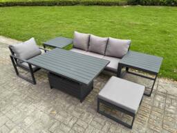 Rackhams 5 Seater Aluminium Garden Furniture Set with Adjustable Rising Dining Table, 2 Side Tables, Footstool - Dark Grey - thumbnail 1