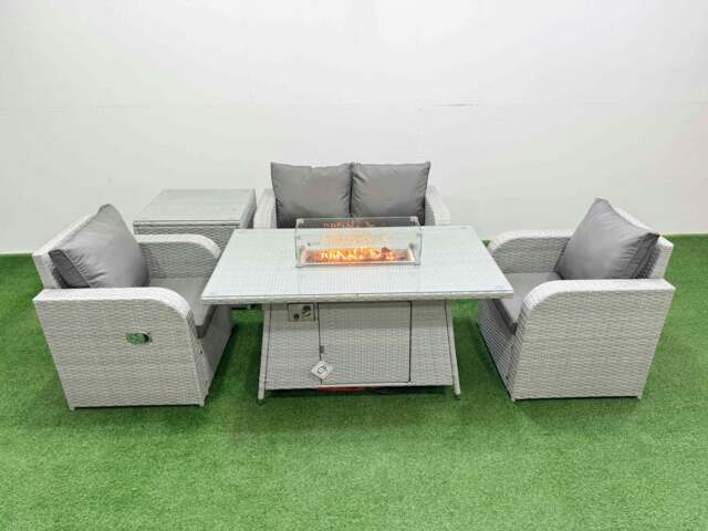 Rackhams Light Grey PE Wicker Rattan Garden Furniture Set Sofa Set Reclining Chair Fire Pit Dining Table 4 Seater With Side Table - image 1