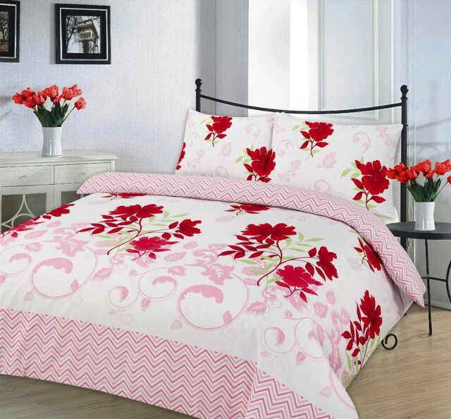 Rackhams Bethany Floral Duvet Cover Set Reverisible Zig Zag Bedding - Red - Double - image 1