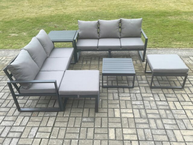 Rackhams 8-Seater Dark Grey Aluminium Outdoor Sofa Set - 6 Pieces, Square Coffee Table, Side Table, 2 Large Footstools - image 1