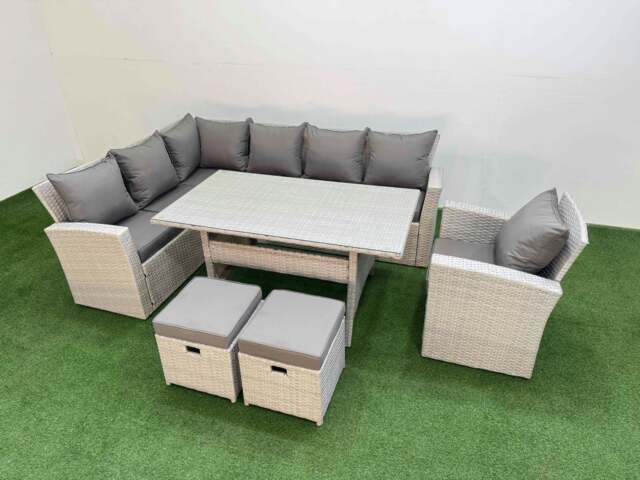 Rackhams 9 Seater Rattan Garden Furniture Set Outdoor Patio Dining Corner Sofa Sets with Dining Table Chair 2 Small Footstools Light Grey Mixed - image 1