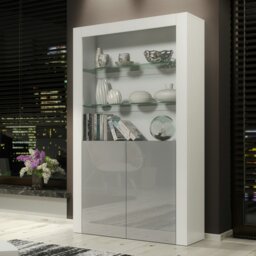 Rackhams Tall Display Cabinet 170cm White Matt Body and Grey Gloss Doors – Modern Open Shelving Unit - Matt Body & Gloss Doors - 170 - Full assembly required.