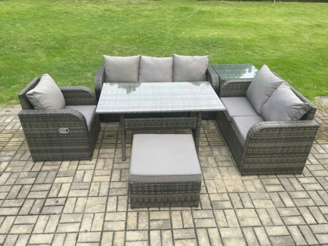 Rackhams 7 Seater Garden Rattan Furniture Dining Table Sofa Set Indoor Outdoor with Reclining Chairs Big Footstool Side Table Dark Grey Mixed - image 1