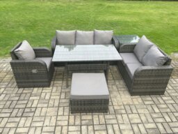 Rackhams 7 Seater Garden Rattan Furniture Dining Table Sofa Set Indoor Outdoor with Reclining Chairs Big Footstool Side Table Dark Grey Mixed - thumbnail 1