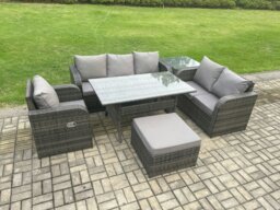 Rackhams 7 Seater Garden Rattan Furniture Dining Table Sofa Set Indoor Outdoor with Reclining Chairs Big Footstool Side Table Dark Grey Mixed - thumbnail 2