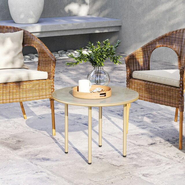Rackhams Round Small Garden Table with Faux Marble Glass Top, Beige - Beige - Steel, Tempered Glass - 60L x 60W x 43H cm - image 1