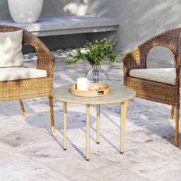 Rackhams Round Small Garden Table with Faux Marble Glass Top, Beige - Beige - Steel, Tempered Glass - 60L x 60W x 43H cm