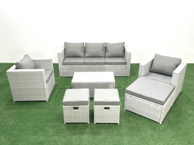 Rackhams Rattan Garden Outdoor Furniture Sofa Set with Rectangular Coffee Table 2 Chairs 3 Footstools Light Grey Mixed - image 1