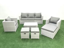 Rackhams Rattan Garden Outdoor Furniture Sofa Set with Rectangular Coffee Table 2 Chairs 3 Footstools Light Grey Mixed - thumbnail 2