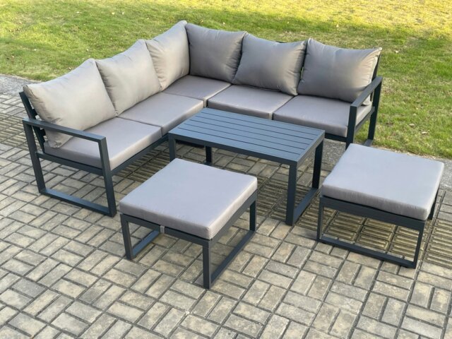 Rackhams Aluminium Outdoor Garden Furniture Set Lounge Sofa Oblong Coffee Table Sets with 2 Big Footstool Indoor Conservatory Set Dark Grey