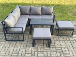 Rackhams Aluminium Outdoor Garden Furniture Set Lounge Sofa Oblong Coffee Table Sets with 2 Big Footstool Indoor Conservatory Set Dark Grey - thumbnail 2